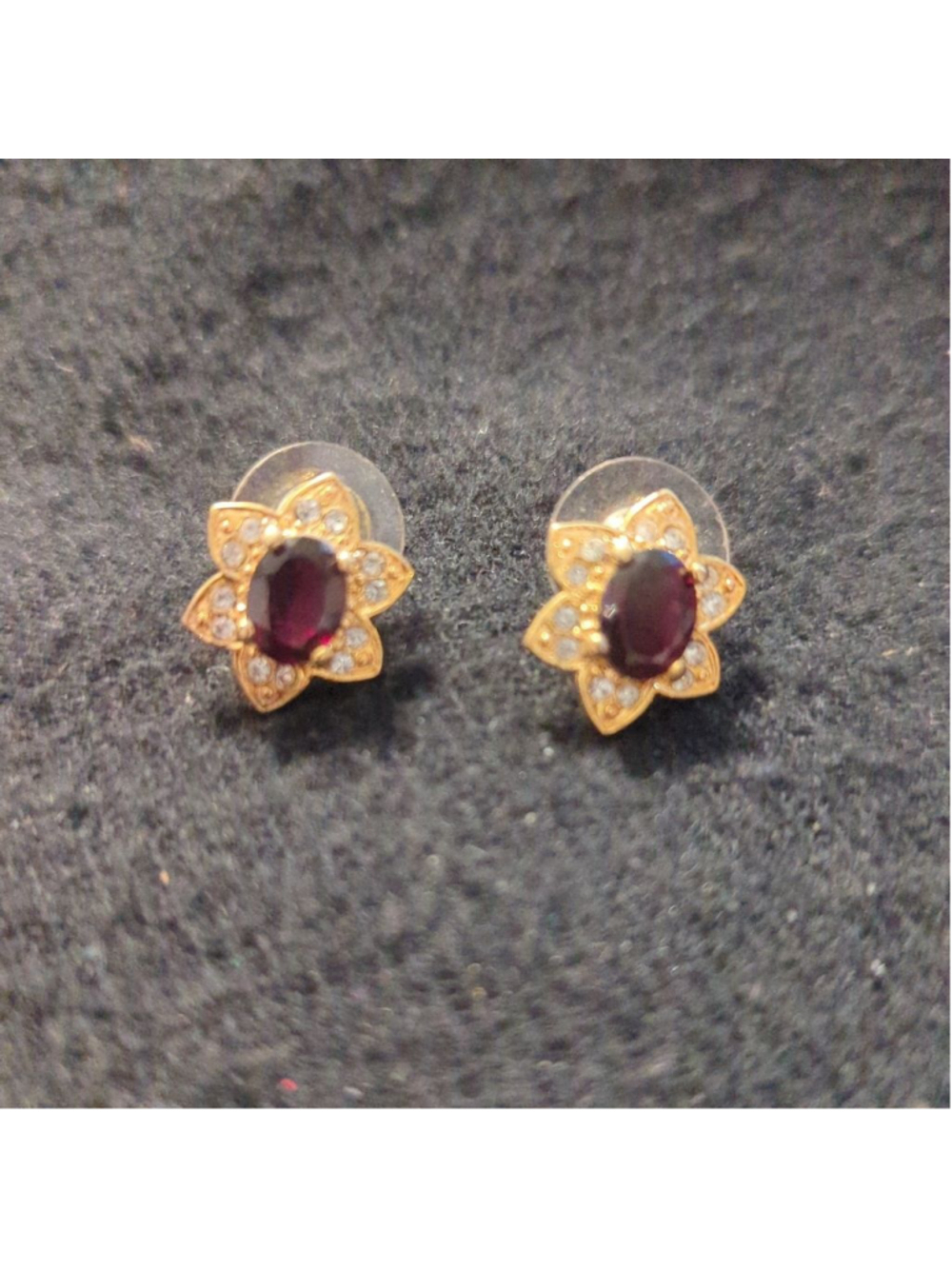 Gold Tone Red and Clear Rhinestone Dainty Delicate Floral Statement Earrings